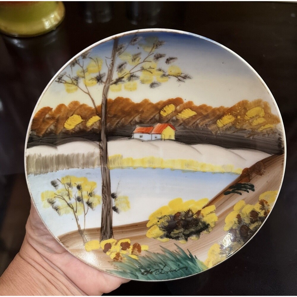 Vintage Hand Painted Japanese 6” House River Wilderness Decorative Plate